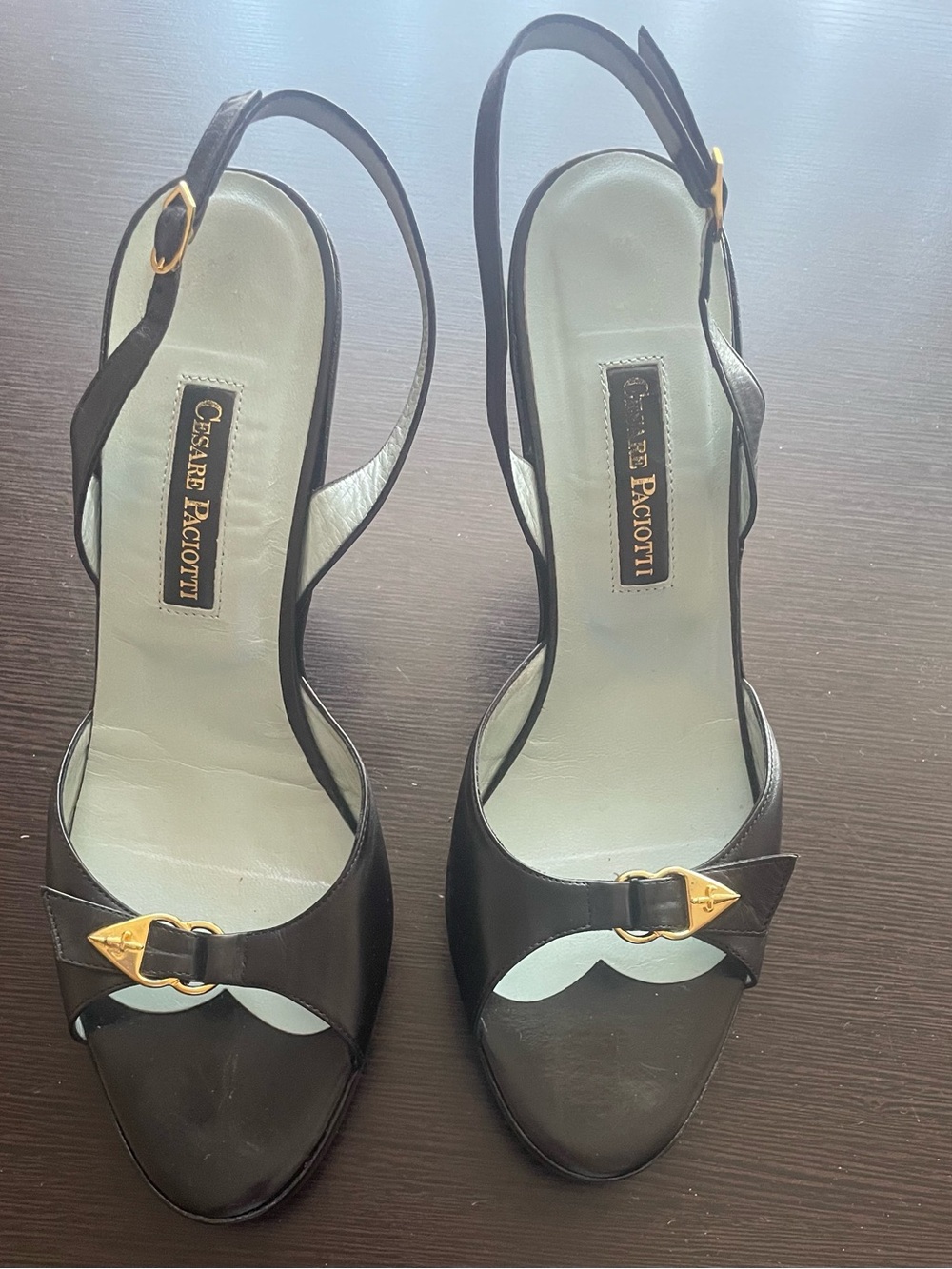 Cesare Paciotti Black Leather Slingback Sandals with Gold Accents